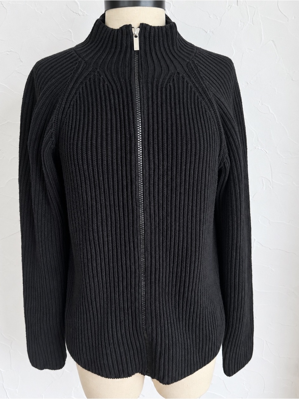 Black Ribbed Zip-Up Women's Sweater